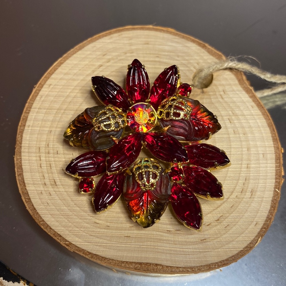 Vintage Carved Ruby Red & Iridescent Rhinestones with gold tone filigree leaves